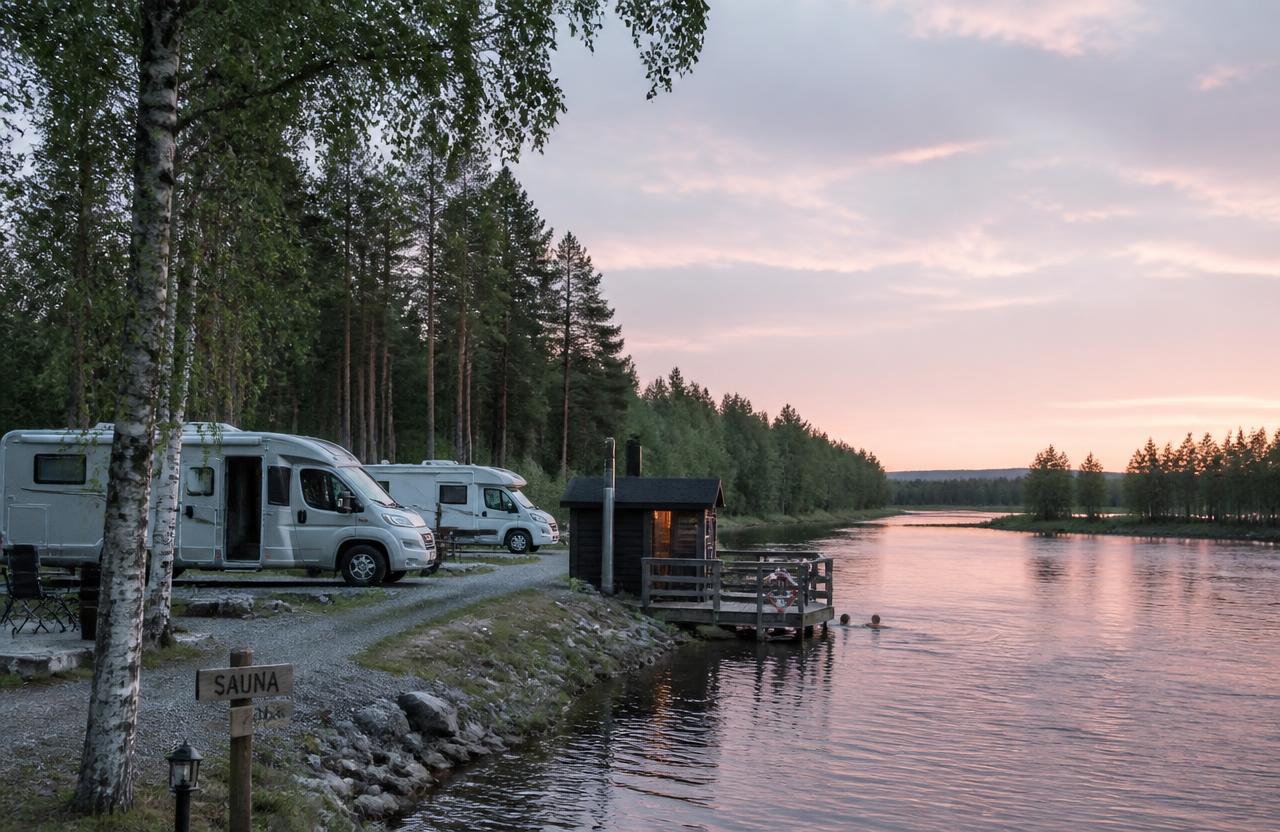 First Camp Arcus-Luleå, Norrbotten — families camping by midnight sun camping at the top of the gulf of bothnia