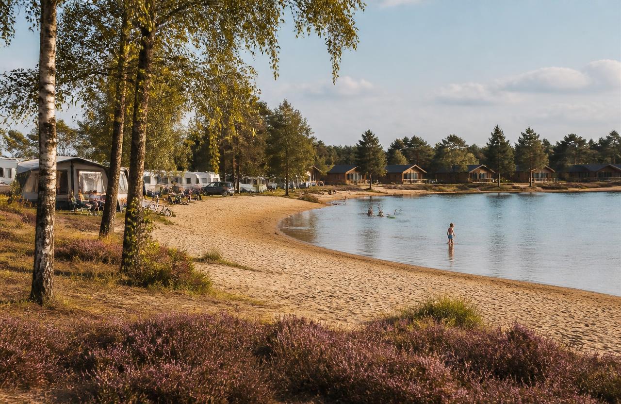 Südsee-Camp, Lower Saxony / Lüneburg Heath — families camping by a heathland holiday park built around a swimming lake
